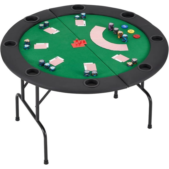GJWL Round Poker Table, 8 Players Casino Texas Holdem Table with Folding Metal Legs & Padded Rails, Gaming Play Table with Cup Holders for Card Games,Green