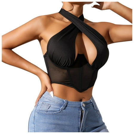 BYHONG Fashionable Mesh Lingerie Bustier with Adjustable Neck Tie and Support Black XL