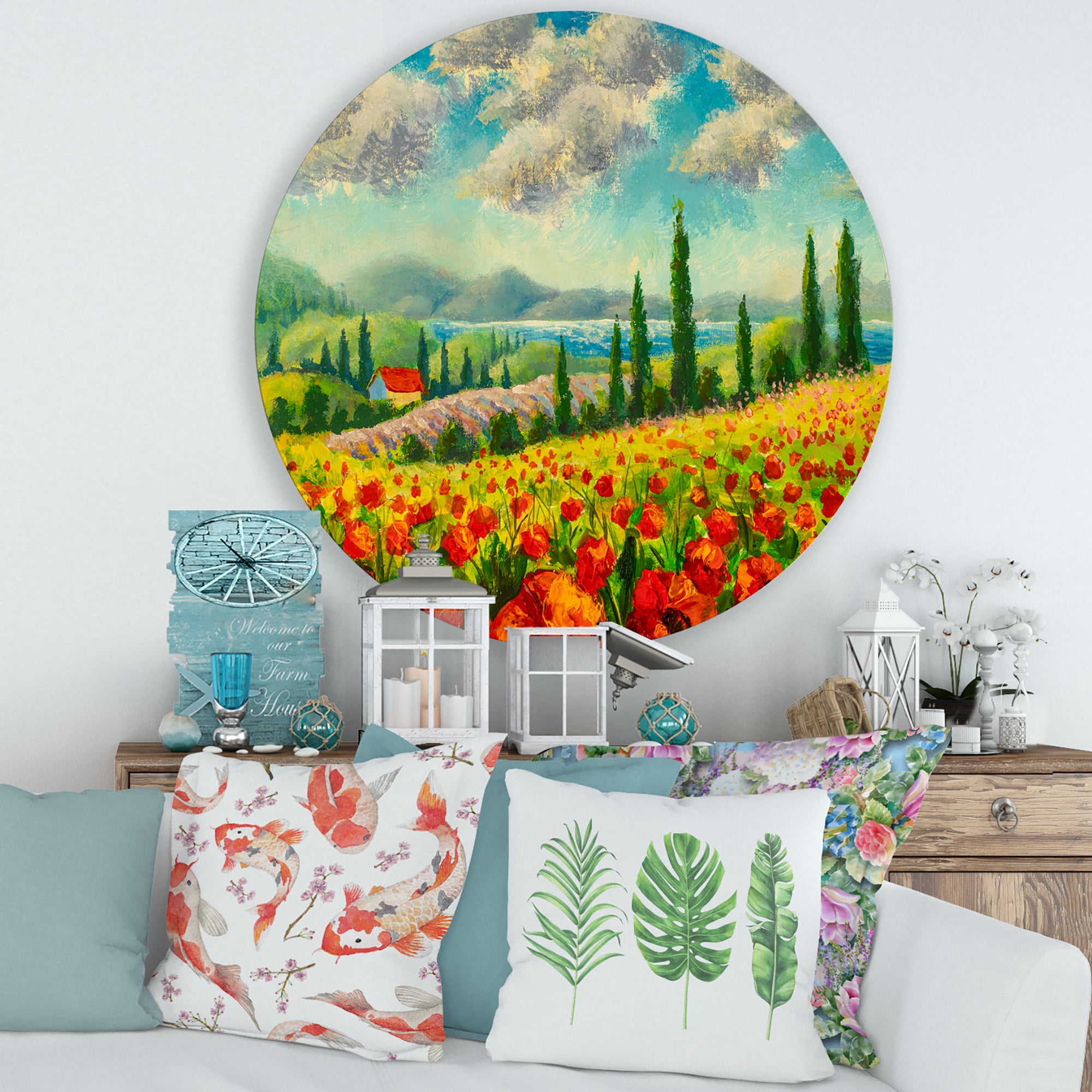 Designart 'Beautiful Landscape With Poppies Flowers By Riverside' Traditional Circle Metal Wall Art 29x29 - Disc of 29