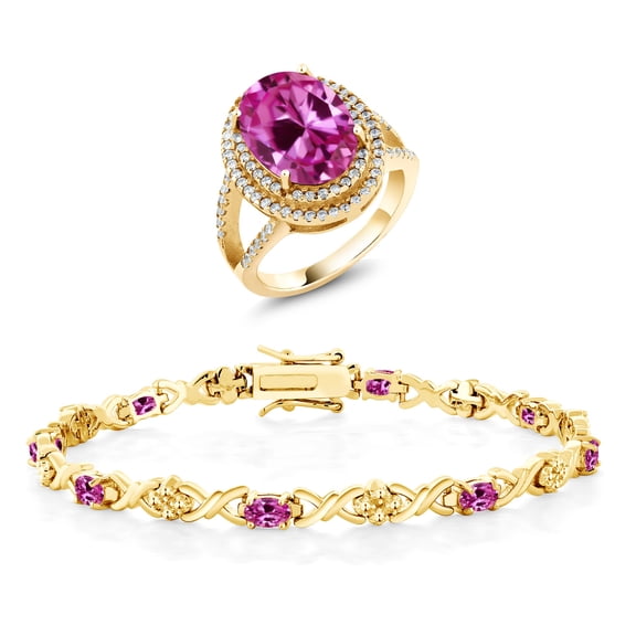 Gem Stone King 10.94 Ct Pink Created Sapphire 18K Yellow Gold Plated Silver Ring and Bracelet Jewelry Set (Size 8)