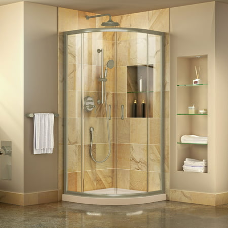 DreamLine Prime 36 in. x 74 3/4 in. Semi-Frameless Clear Glass Sliding Shower Enclosure in Brushed Nickel with Biscuit Base