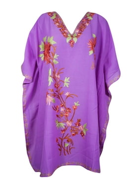 Mogul Women Light Purple Embellished Kaftan Dress Floral Embroidered Kimono Sleeves Resort Wear Housedress One Size