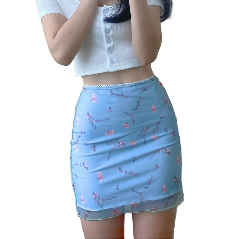 wybzd Women Floral Print Mesh Mini Skirt High Waist Double Layer