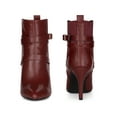 thumbnail image 5 of BLISSFUL STEP Women's Ankle Boost Faux Leather Pointed Toe Stiletto Heel Cross Strap Boots Burgundy 7, 5 of 6