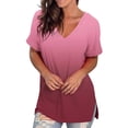 thumbnail image 4 of MPWEGNP Womens Summer Tops Rolled Short Sleeve V Neck Tee Gradient T Shirt Loose Side Split Blouse, 4 of 7