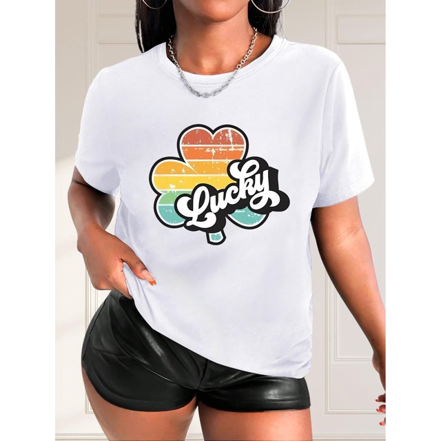Colorful Clover and Letter Print Casual Fashion T-Shirt for Black Women, Round Neck Short Sleeve, Polyester - Machine Washable, English Letters, Leisure Style, Spring/Summer/Autumn