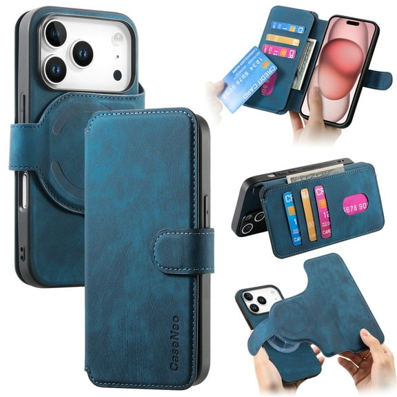 Designed for iPhone 17 Pro Wallet Case, Magnetic Detachable PU Leather Flip Case with Card Holders Support MagSafe Kickstand Phone Cover RFID Blocking Anti-drop for iPhone 17 Pro, Blue