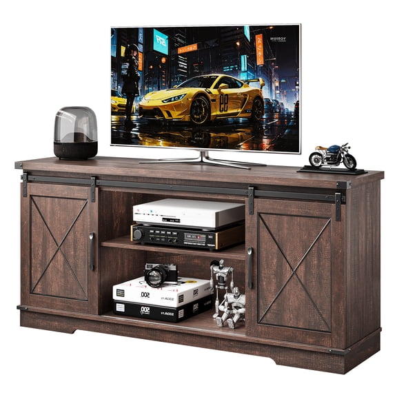 Farmhouse TV Stand for TVs up to 65 Inch – Rustic Wood Entertainment Center with Sliding Barn Doors, Adjustable Shelves, Storage Cabinets & Open Compartment – Media Console for Living Room