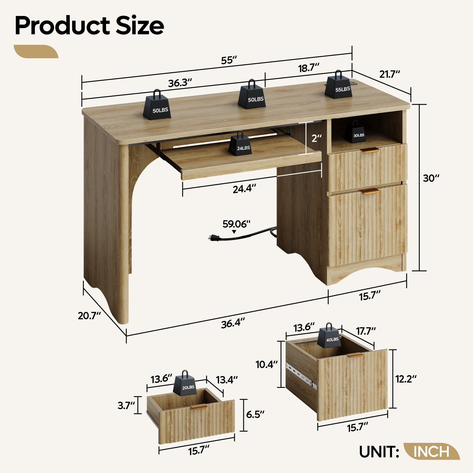 Bestier 55" Computer Writing PC Desk Home Office with Power Outlets Keyboard Tray and Storage Drawers, Log