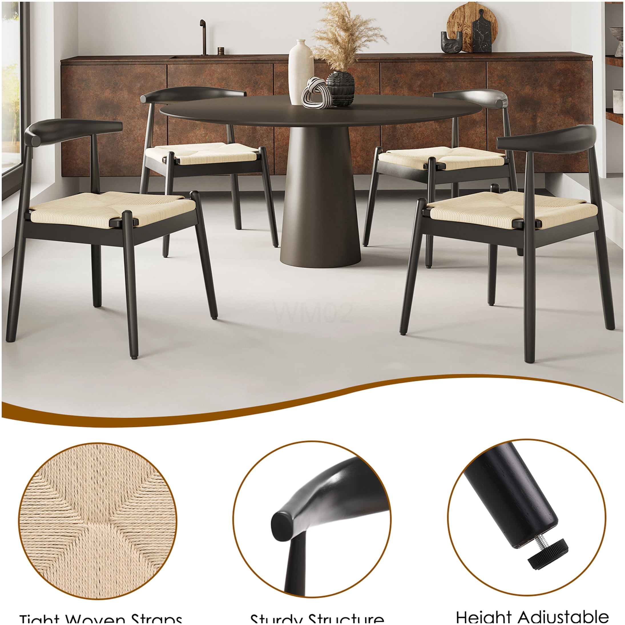 Weave Dining Chairs Set of 2, Mid-Century Modern Oak Frame Kitchen Chairs with Handwoven Paper Cord Seats for Dining Room