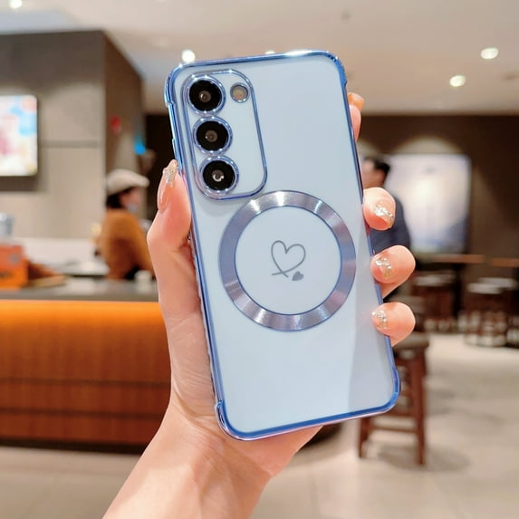 Plating Magnetic Case for Samsung Galaxy S22 Plus, Compatible with MagSafe Wireless Charging Slim Lightweight Cover, Fashion Cute Love Hearts Pattern Lens Protection Case for Girls Women,Blue