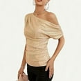 thumbnail image 5 of Womens Off Shoulder Casual Crop Tops Slim Fit Cute Y2K Going Out Tops Shirt Going Out Tops Trendy Cropped Tees Women's One Shoulder Top Pleated Glitter Top Slim Fit Glitter Party Shirt Gold Xl, 5 of 9