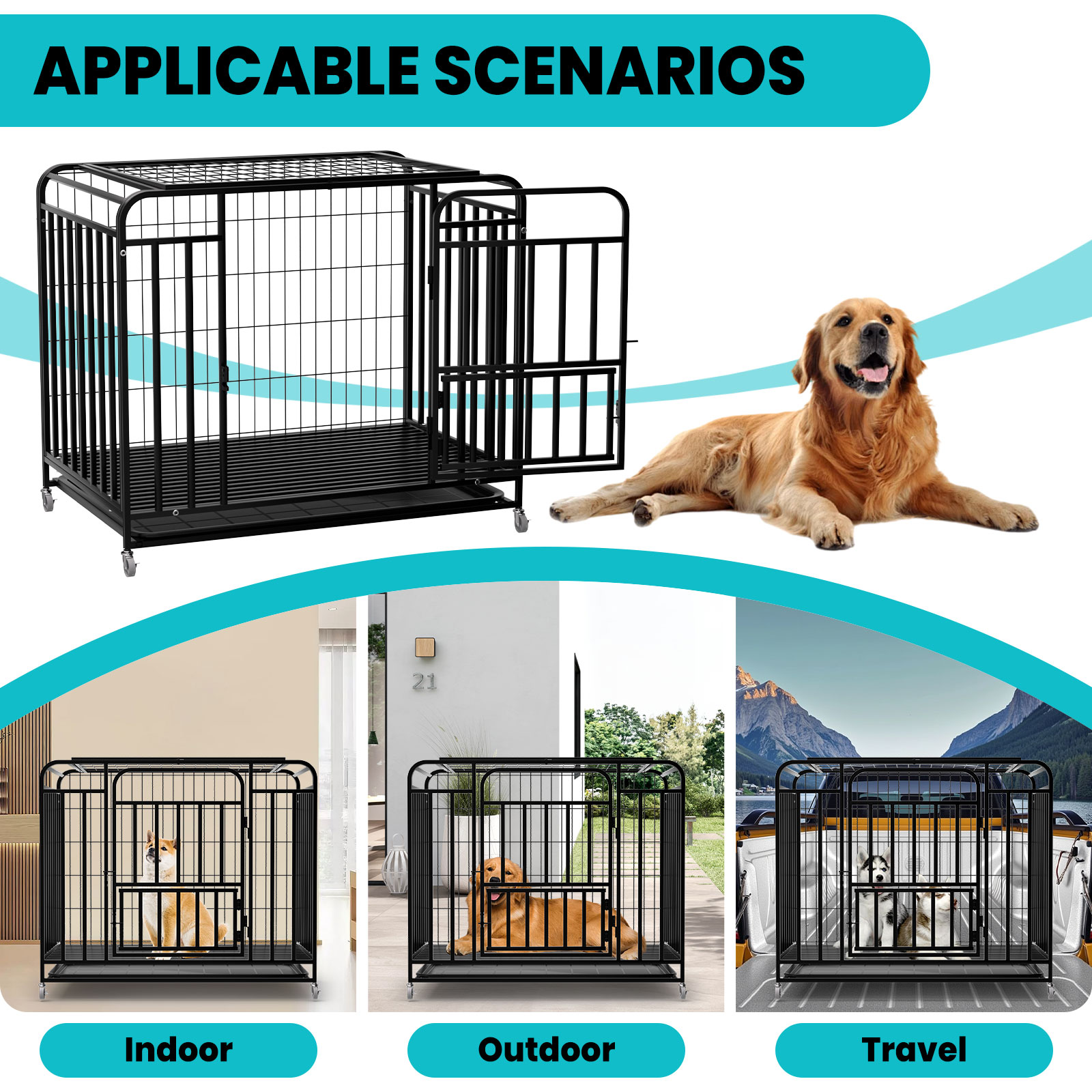 43.5 Inch Heavy Duty Dog Crate Kennel with Wheels, 200lbs Capacity, Escape Proof Dog Cage,Dog Crates with Removable Plastic Tray