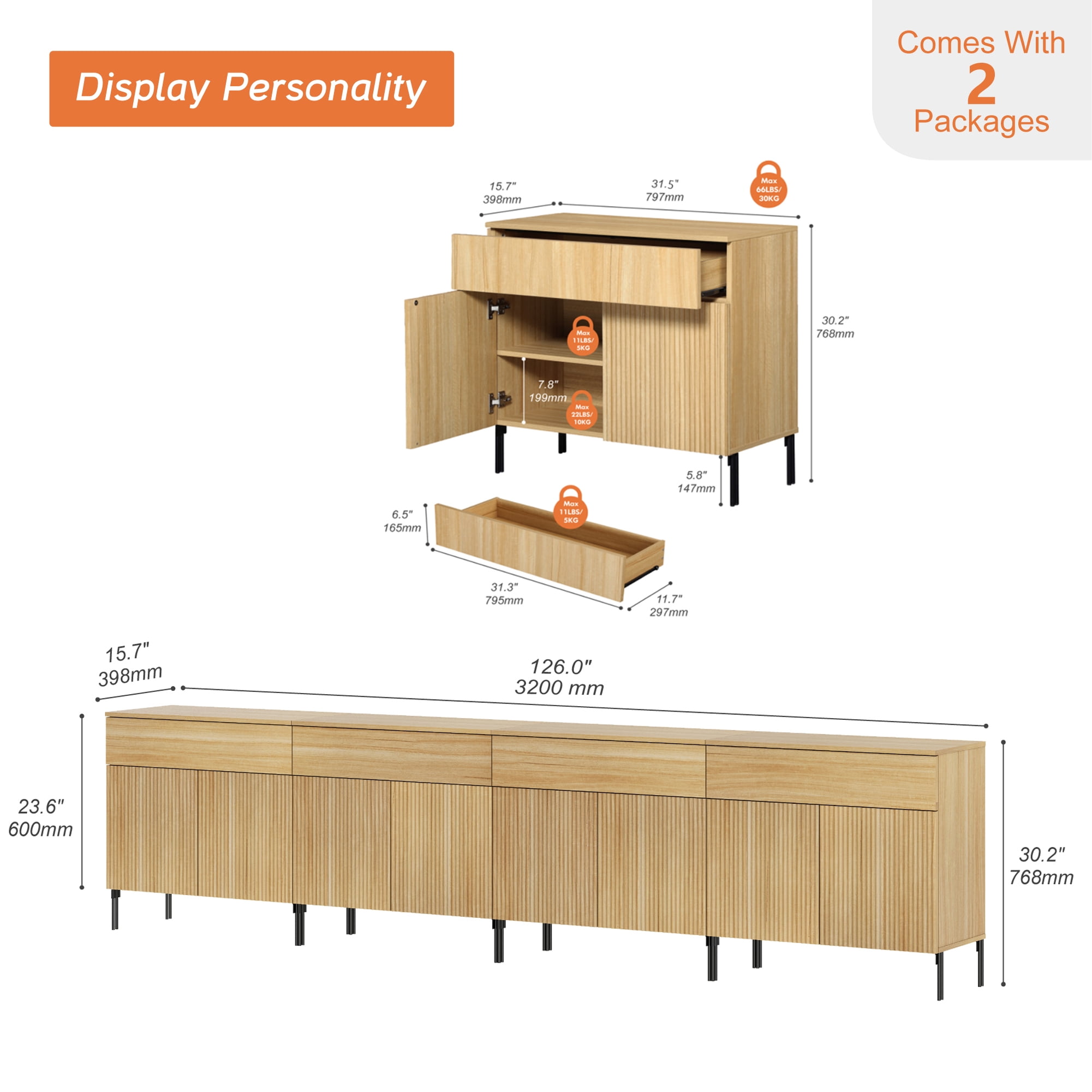 126" Wooden Reeded Sideboard with Doors and Drawers, 4-In-1 Modern Wide Credenza Storage Cabinet for Kitchen, Dining Room