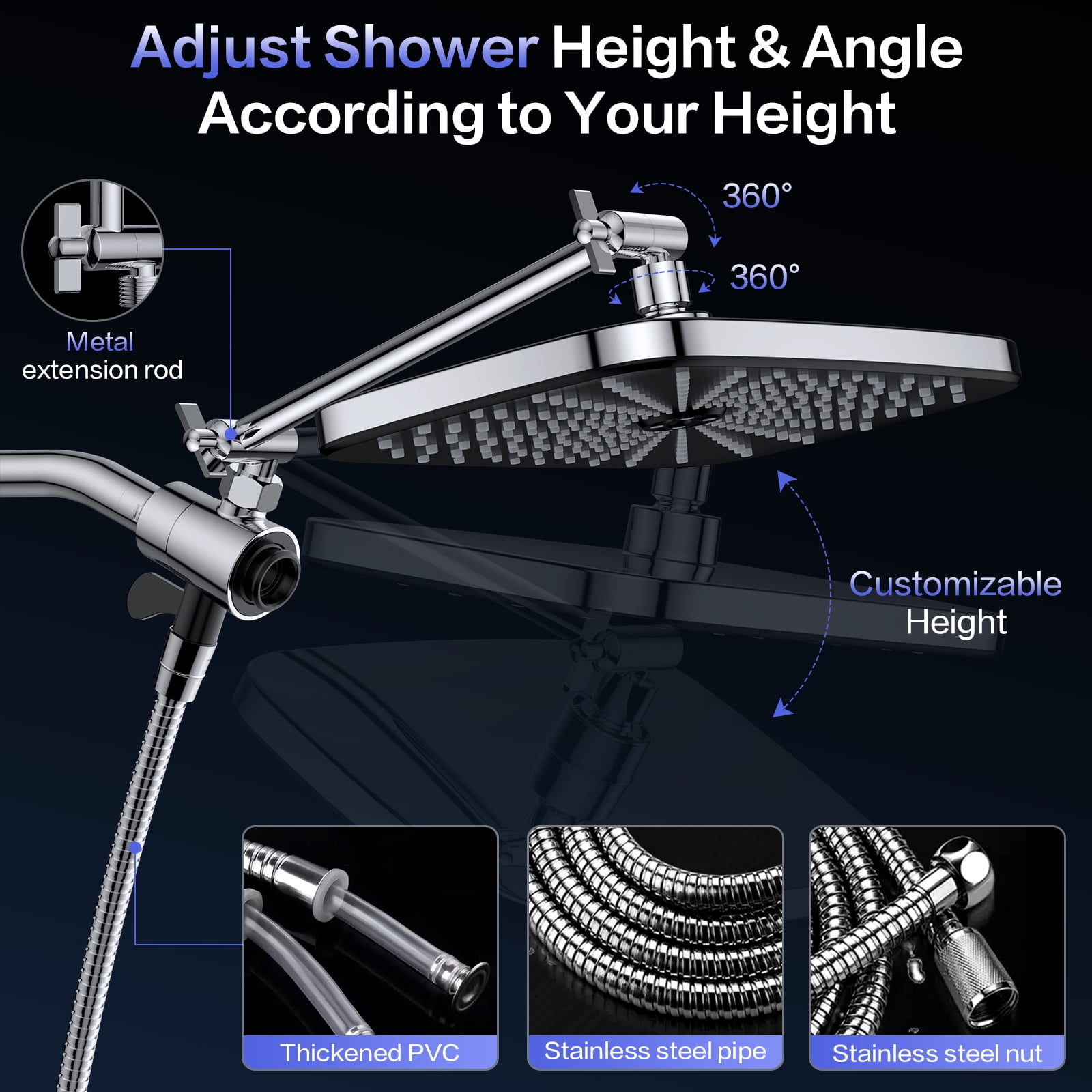 Scootworks 12 Inch High Pressure Rain Shower Head Combo with Adjustable Extension Arm, 10 Mode Detachable Handheld Shower Head with Hose 59 inch Stainless Steel and Adjustable Bracket