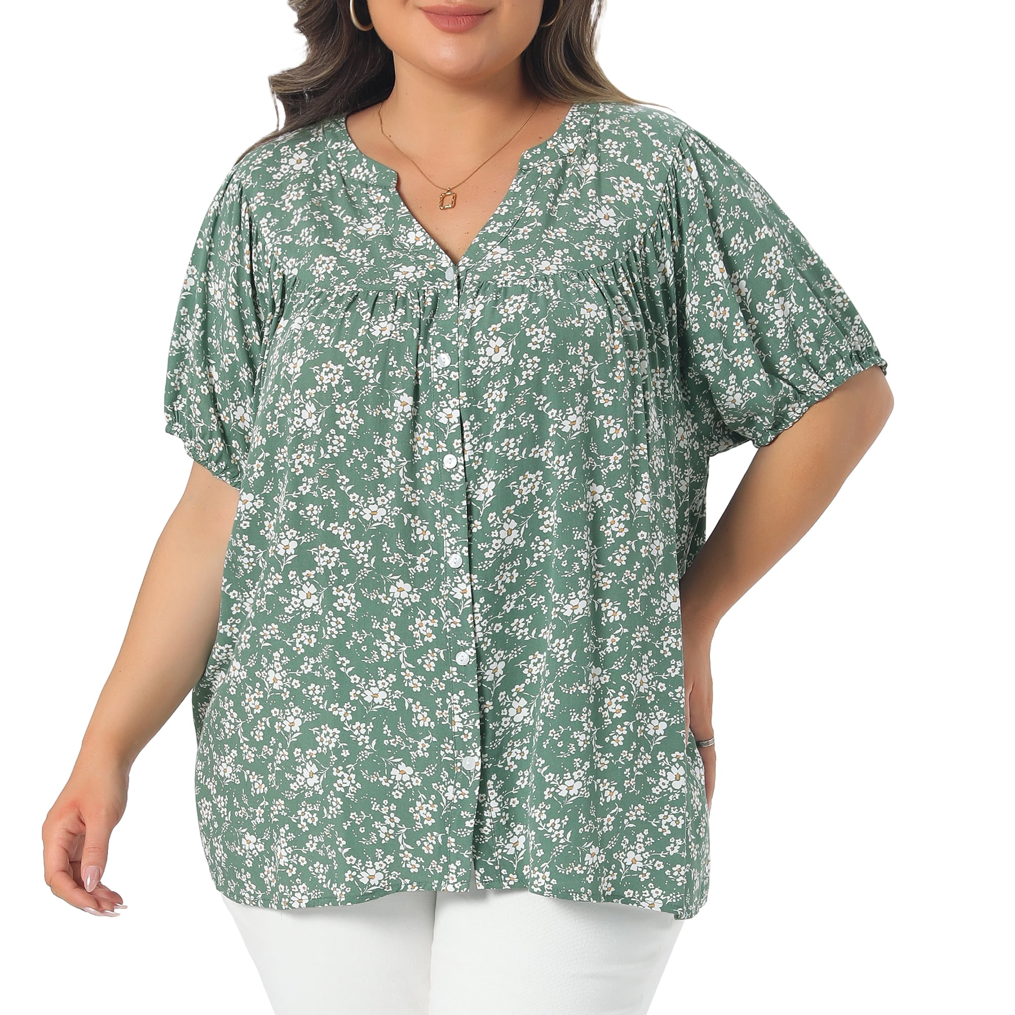 DARING DIVA Women's Plus Button Down Short Sleeve Casual V Neck Summer Tops 4X Green