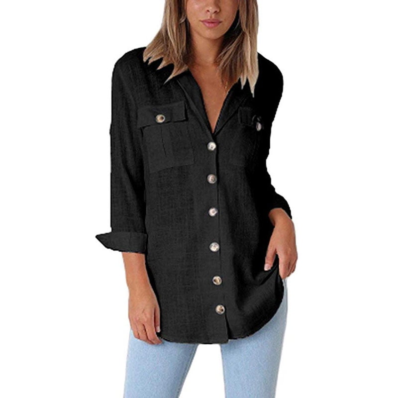 Women Cotton Linen Casual Cat Printed Roll Up Sleeves Shirt Blouse Button Down Tops