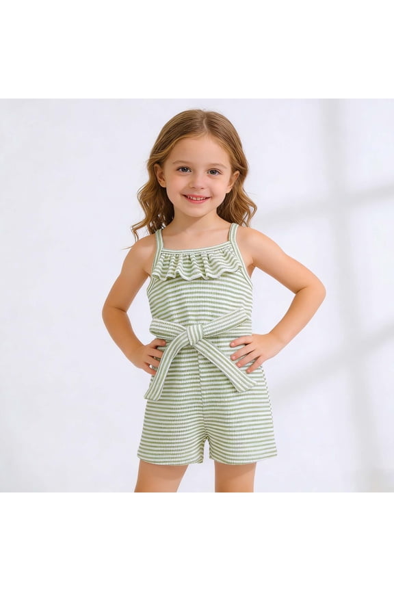 Girls Jumpsuits Summer Striped Spaghetti Strap Romper Shorts with Bow Detail Casual Stylish One-Piece Kids Jumpsuit Size 18-24M