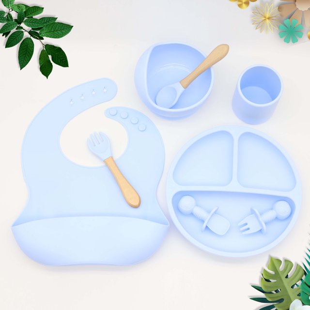 Vajilla de silicona para bebé, complemento alimenticio, cuenco, cuchara, tenedor, taza de agua, compartimento para babero, plato redondo