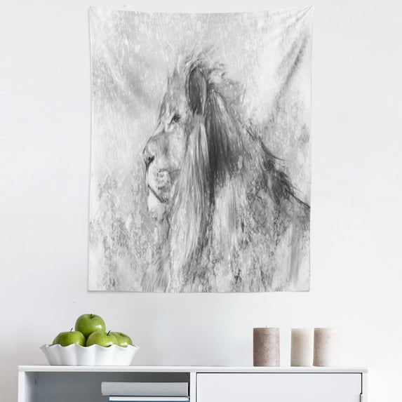Pale Grey Tapestry, Sketchy Hand Drawn Image of Safari Animal Wild Lion Art Print, Fabric Wall Hanging Decor for Bedroom Living Room Dorm, 5 Sizes, Charcoal Grey White, by Ambesonne