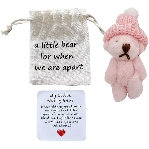 Mini Worry Bear with Hat, Plush Pocket Bear Gift Set with Inspirational Card, Encouragement & Good Luck Token for Exams, Graduation, Miss You Gift (LK)