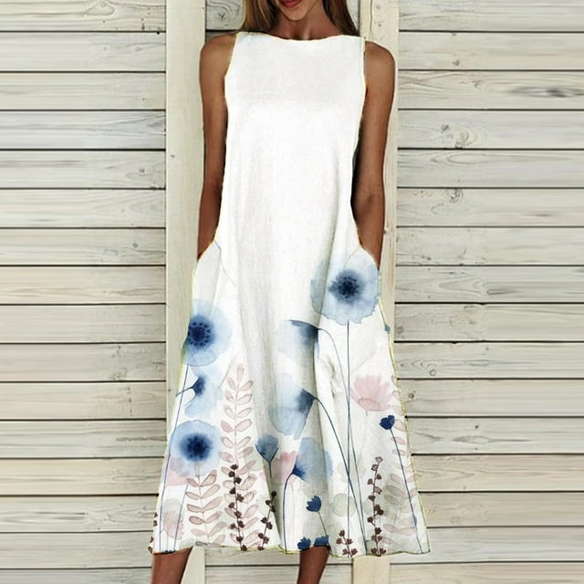 HKEJIAOI Liquidation Robe Florale pour Femmes Robe d'Anniversaire Robe d'Été Col Rond Sans Manches Imprimé Floral Scénique avec Poches Blanc