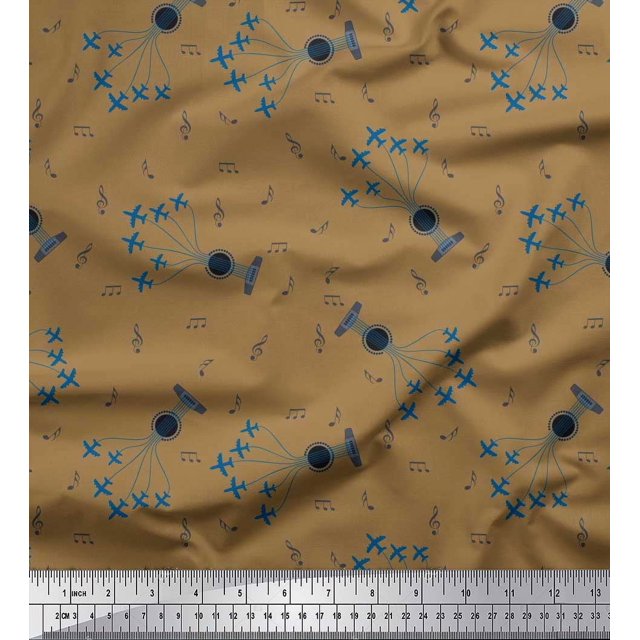 Soimoi Rayon Fabric Airplane,Guitar Wire & Notes Musical Instrument Fabric Prints by Yard 56 Inch Wide