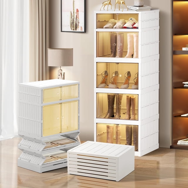 - Foldable Shoe Rack Organizer for Closet Pairs Collapsible Plastic Shoe Shelf Large Shoes Cabinet with Door Clear Stackable Storage Box Easy Assembly