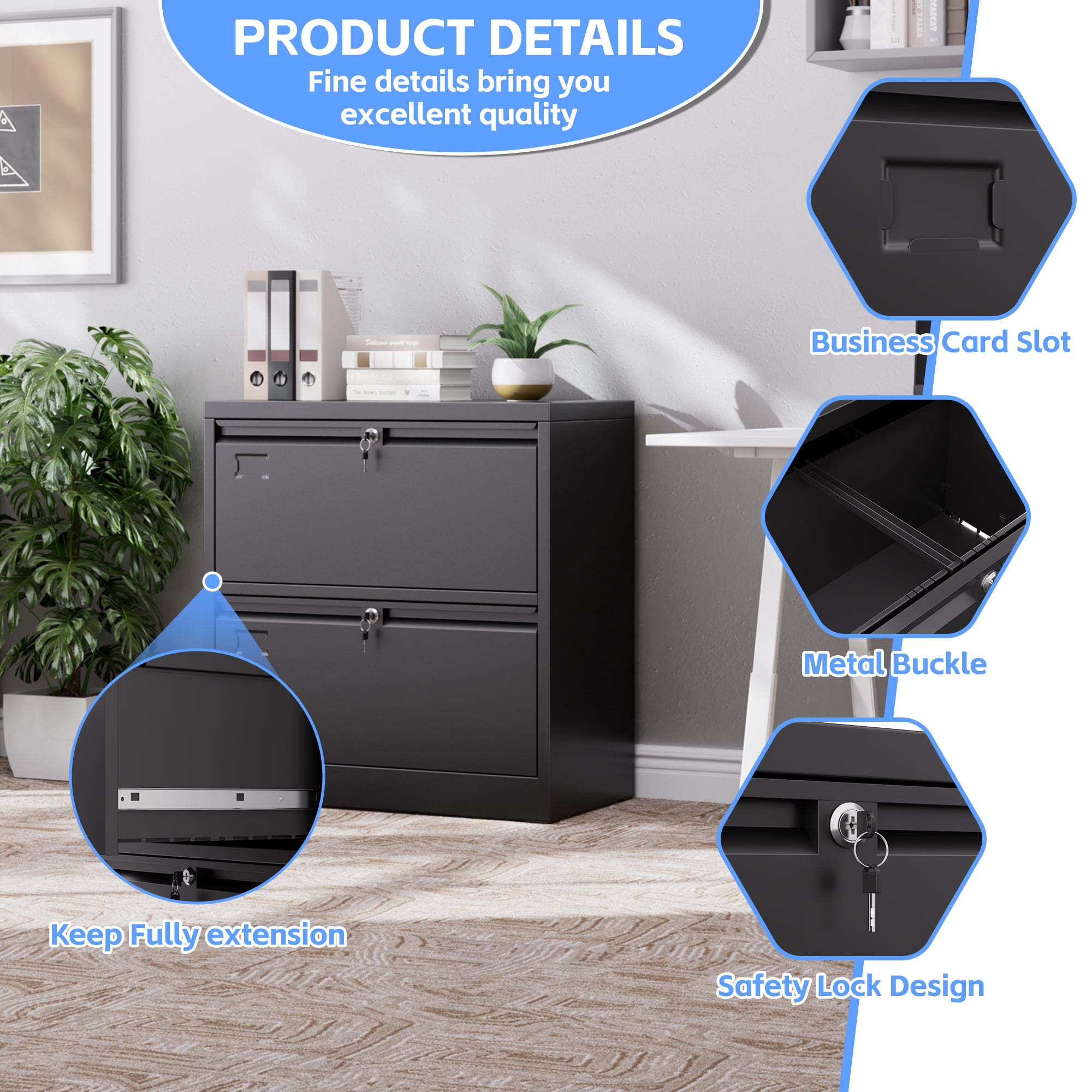 Supeer 2 Drawers Metal Lateral File Cabinets with Individual Locks, Lockable Filing Storage Cabinet for Office, Home, School, Organization Cabinet with Files Bar for Letter/Legal, Assembly required