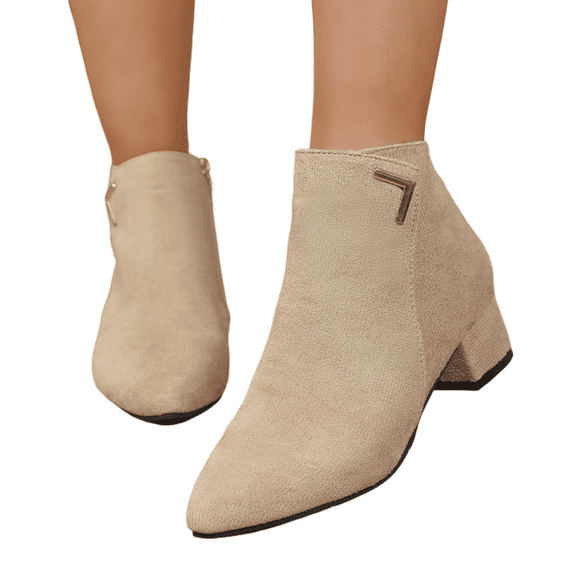 Willtoo Women Suede Ankle Booties Block Chunky Low Heel Short Boots Fashion Pointed Toe Side Zipper Metal Decoration Vintage Booties Autumn Winter