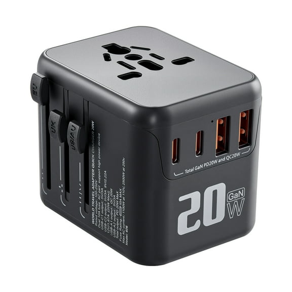VEVOR Universal Travel Adapter, 5-in-1, International European Power Adapter with 2 USB-C, 2 USB-A Ports, 1 AC Outlet, 4 Different Plugs,Worldwide Plug Adaptor Wall Charger, for Europe UK EU AUS USA