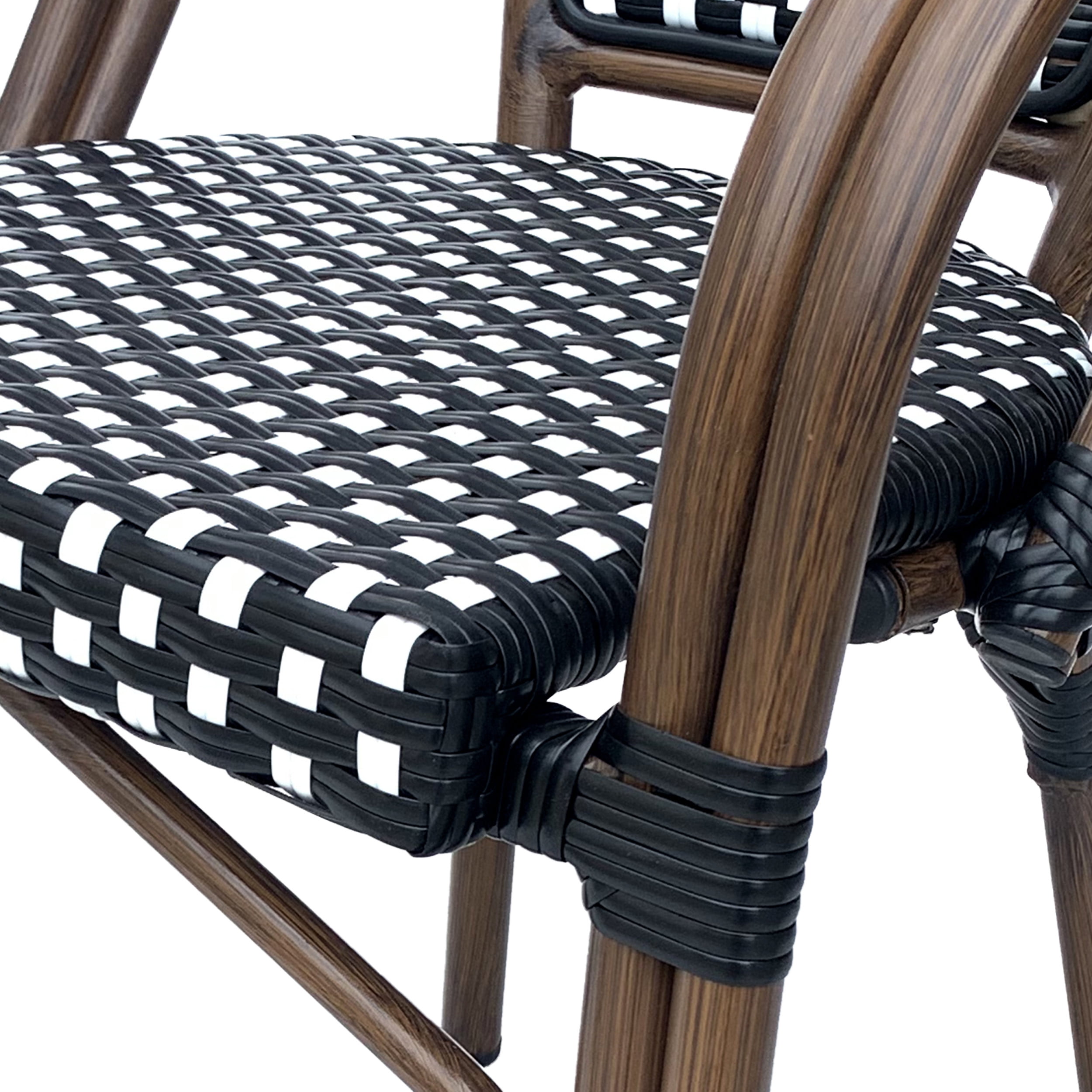 Cecil Aluminum and Wicker Outdoor French Bistro Chairs, Set of 4, Black, White, and Brown Wood