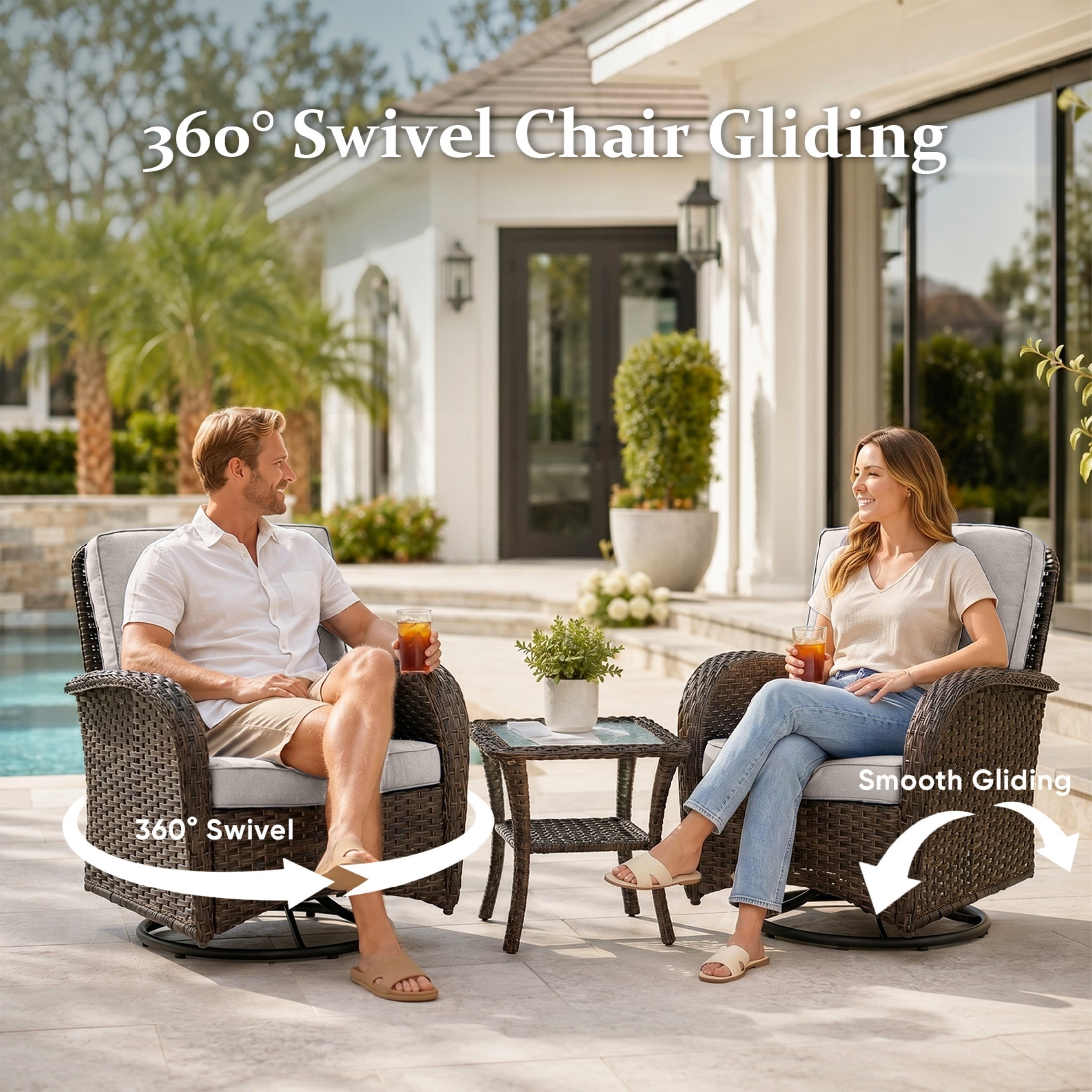 Unnifurnzi 5 Pieces Outdoor Wicker Patio Furniture Set-High Back Outdoor Rocking Chairs Set of 2 with Ottoman Patio Conversation Sets for Deck Lawn Porch Balcony Poolside-Brown/Beige