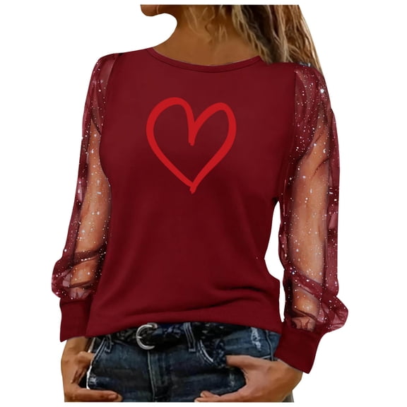 Dgankt Long Sleeve Shirts for Women Valentines Day's Shirt Round Neck Sheer Mesh Print Womens Tops,Sizes S-2XL