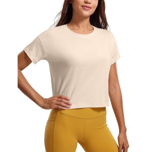 CRZ YOGA Women's Pima Cotton Workout Short Sleeve Shirts Loose Crop Tops  Athletic Gym Shirt Casual Cropped T-Shirt, White Opal, Medium 
