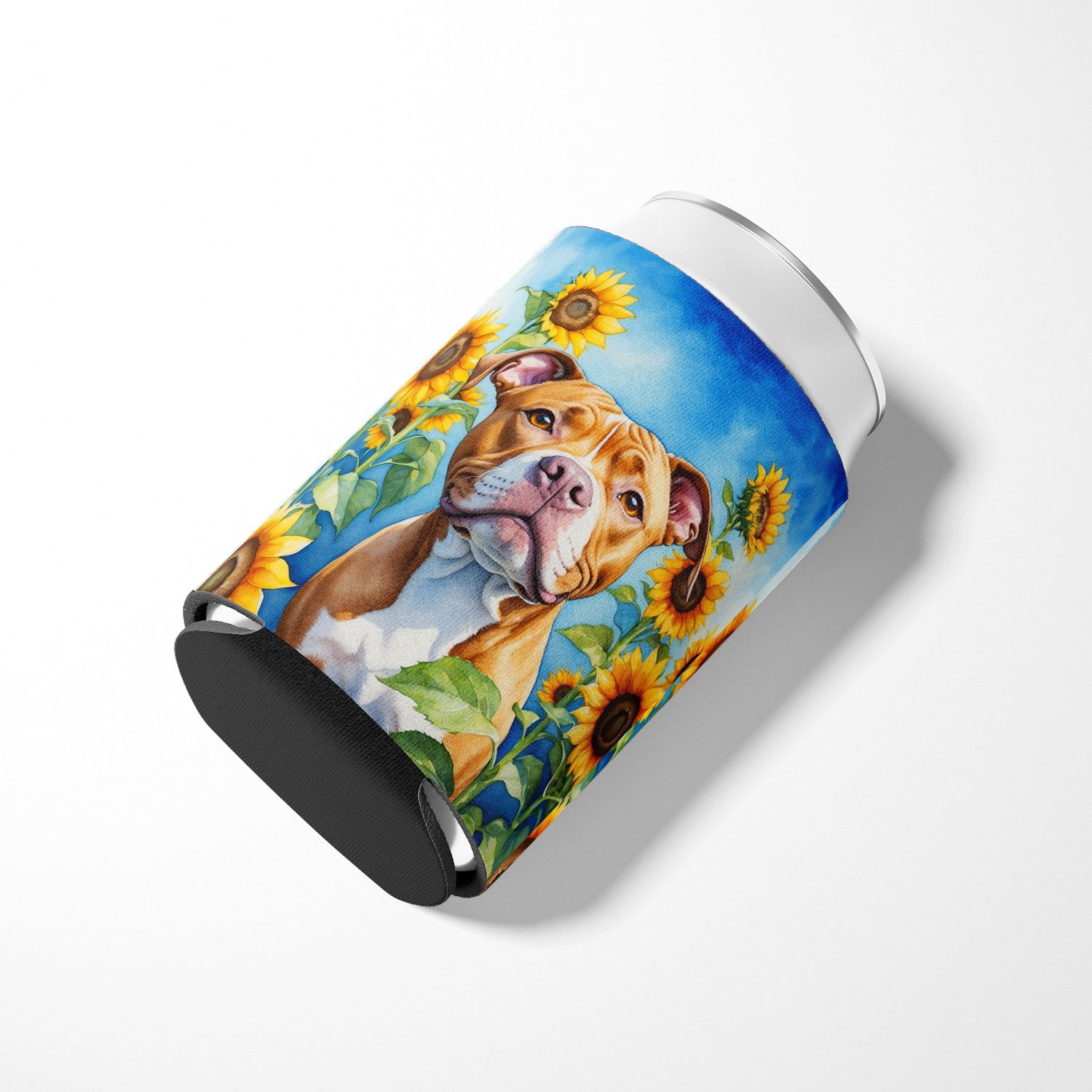 Pit Bull Terrier in Sunflowers Can or Bottle Hugger 3 in x 5 in