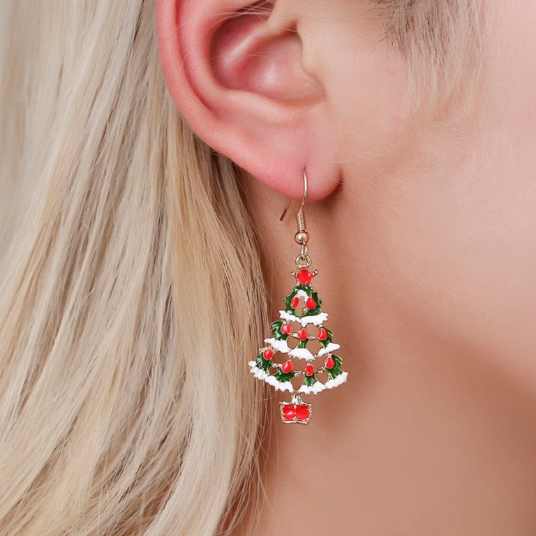 Christmas Bow Earrings For Women - Red Green White Triple Bow Dangle Earrings (2.83 Inch)
