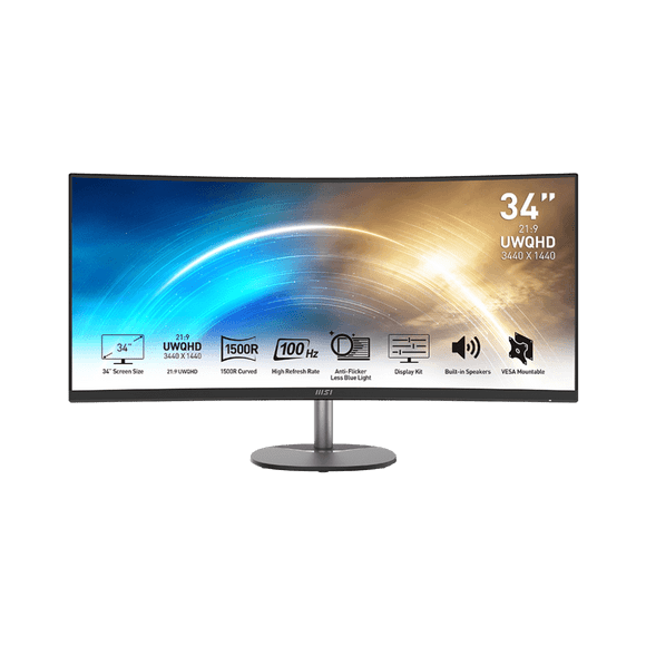 MSI 34" Business Monitor PRO MP341CQ, 3440 x 1440(UWQHD) VA, 100Hz, 1500R Curved, TUV Certified Eyesight Protection, 4ms, Displayport, HDMI, Tilt, (Black)