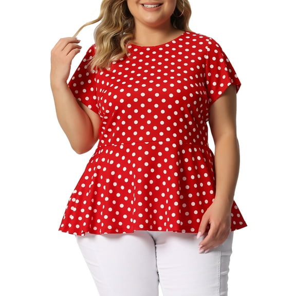 Unique Bargains Women's Plus Size Short Sleeves Polka Dots Outfits Fashion Peplum Blouse