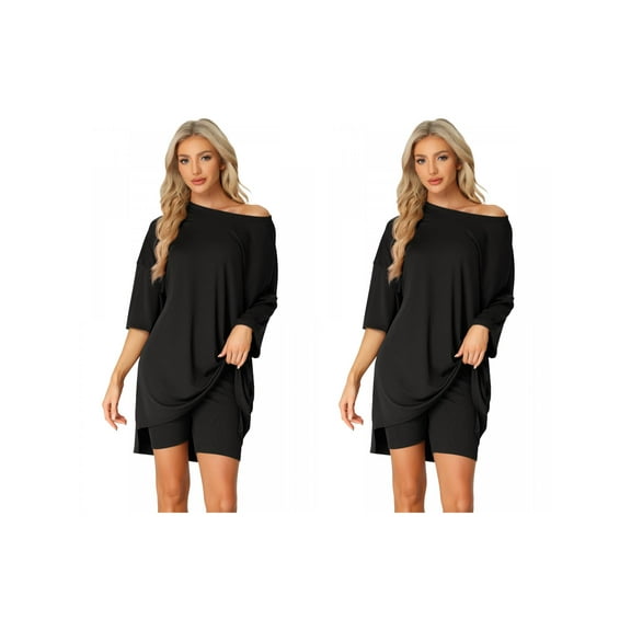 NOMADIC NOOK Women's Mother's Day 2 Pack Oversized Loungewear Set Athletic Tee with Biker Shorts Outfit Collection Small 2 Packs Black
