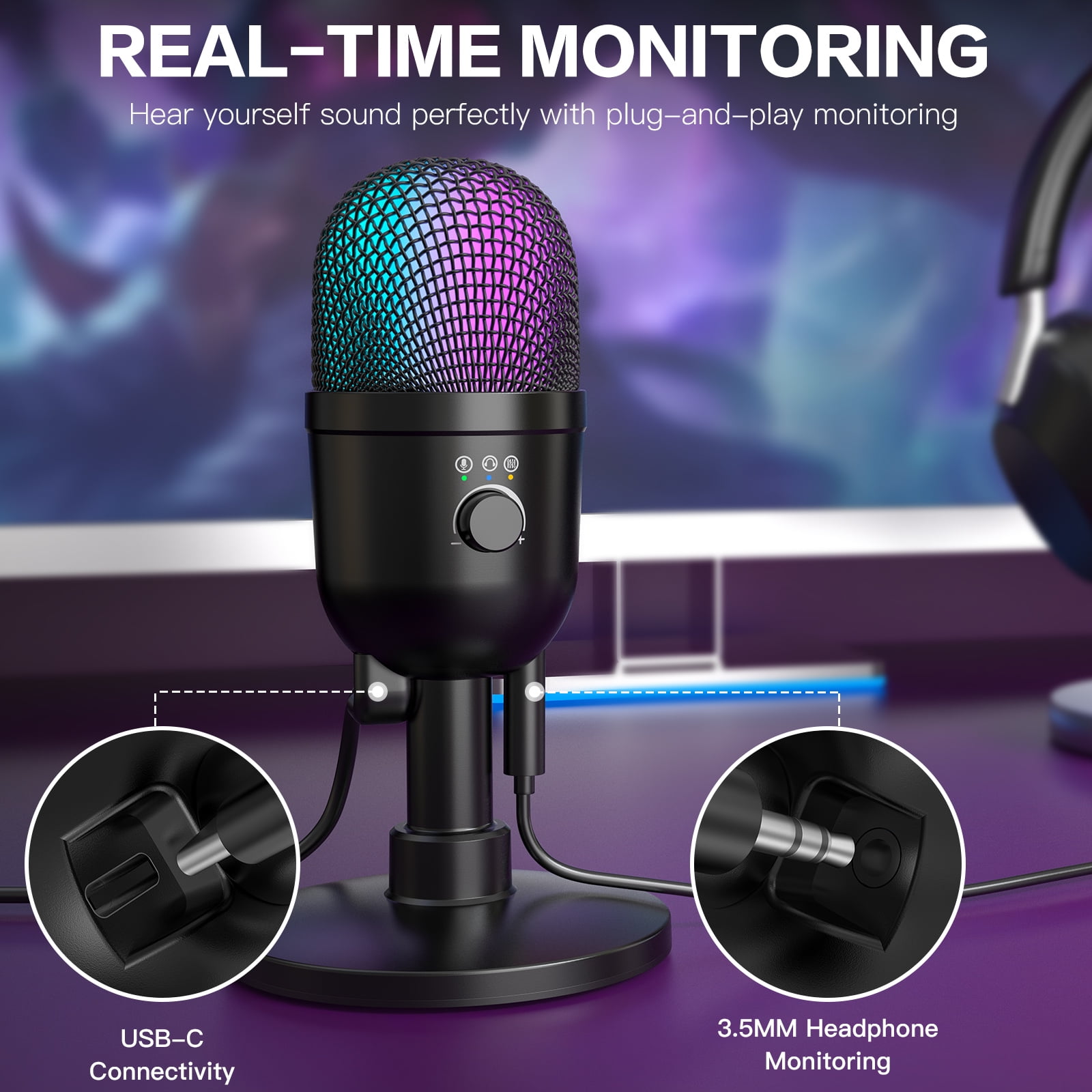 Zealsound Gaming Condenser Microphone with RGB Lights, Studio USB Mic for PC, Mac, iPhone, Plug & Play, Mute & Gain Control, Monitoring for Streaming, Podcasting, TikTok, YouTube