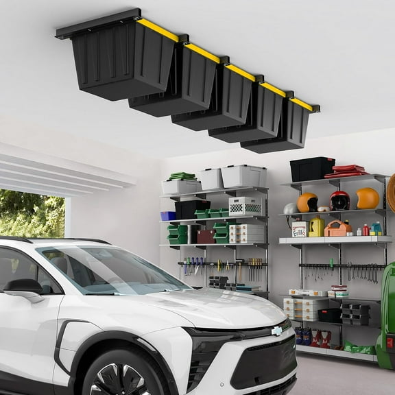 Heavy Duty Ceiling Storage Rack for Garage, Adjustable Overhead Bin System with 5  for 4 Bins, Space Saving Hanging Shelf