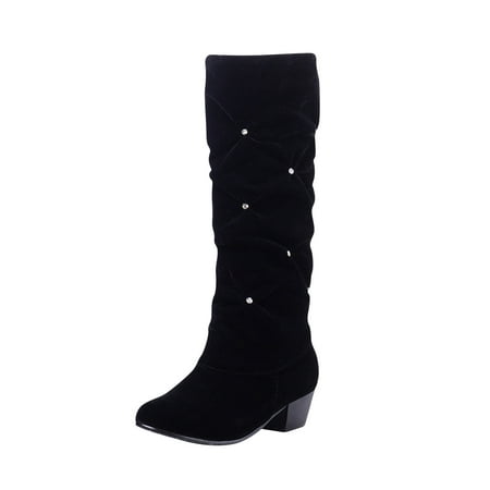 

Valentine s Day Deals!2022 Juebong Women s Suede Pleated Rhinestone Thick Heel Sleeve Mid Heel High Top Knight Boots