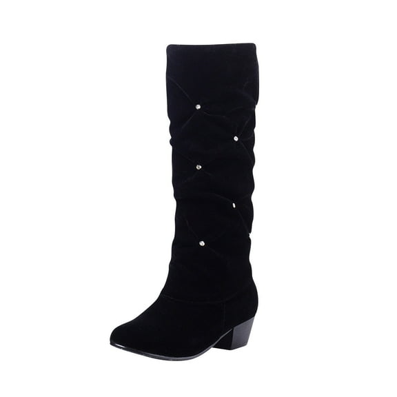 Boots for Women Clearance Deals! Verugu Low Heel Comfort Winter Boots Women's Knee-High Boots Women's Suede Pleated Rhinestone Thick Heel Sleeve Mid Heel High Top Knight Boots Black 41