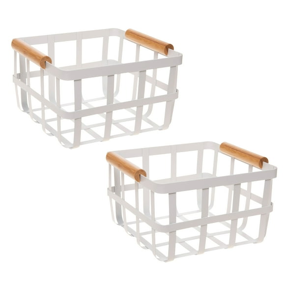 Simplify 2 Pack Square Metal Storage Basket with Bamboo Handles, White