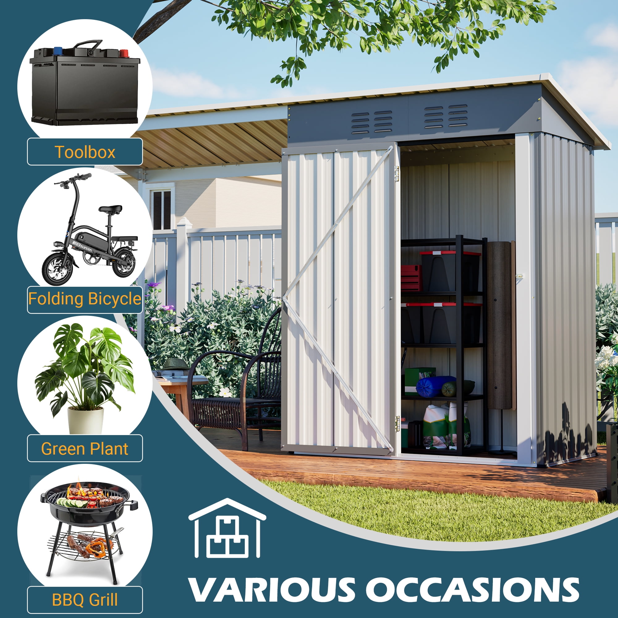 LZBEITEM Outdoor Open-Sided Storage Shed, 5x3 Sheds & Outdoor Storage with Covered, Small 2-in-1 Tool Shed with Attached Hardtop Metal Pergola Gazebo