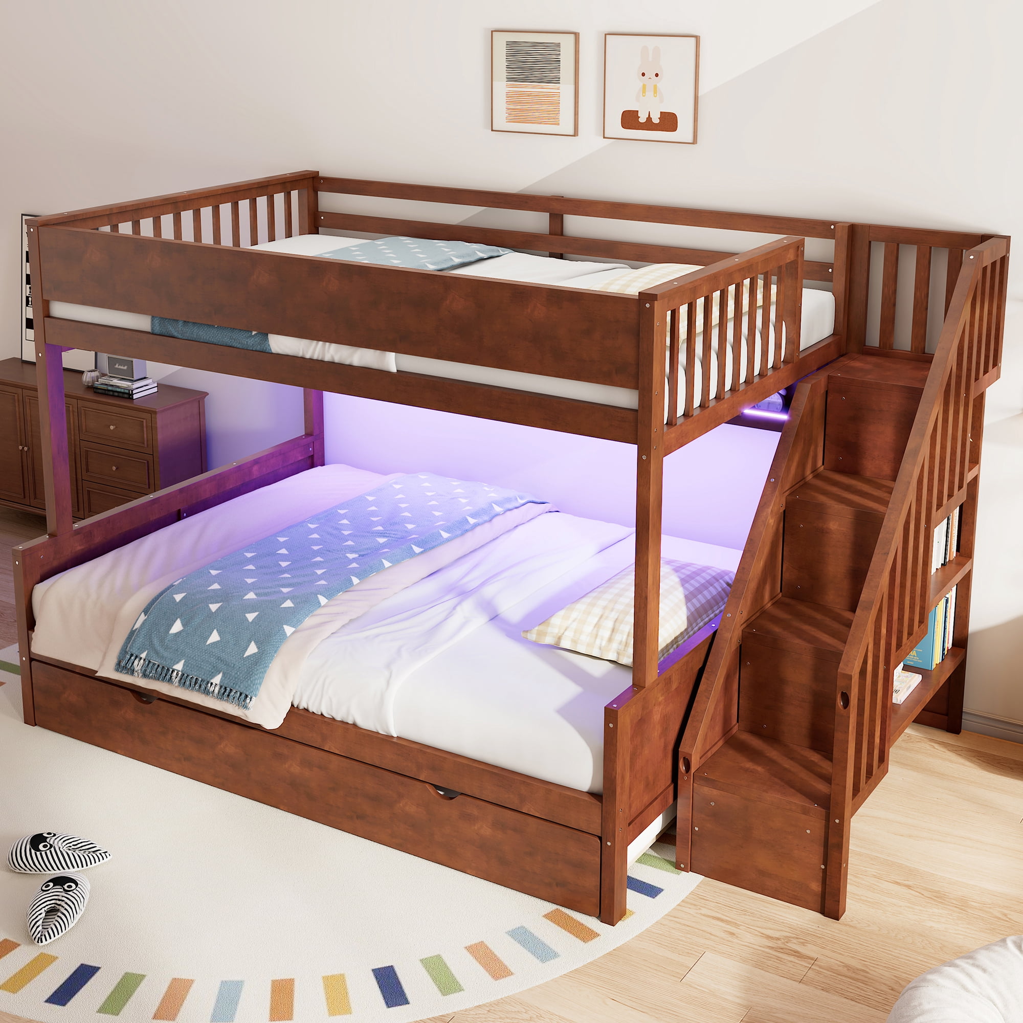 Euroco Full XL over Queen Bunk Bed with Storage Staircase and Shelves, Wood Bed with Trundle and LED Light, Walnut