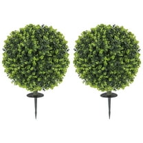 2 Pack 1.3ft Artificial Ball Boxwood Topiary with Ground Stake, UV Resistant Faux Greenery for Indoor Outdoor