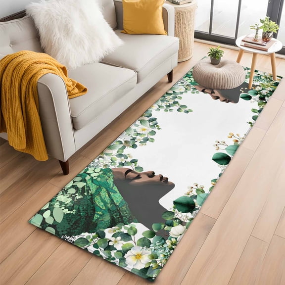 Runner Rug 2'x6', Sage Green Black Women Washable Non-Slip Hallway Runner Rugs, Spring Eucalyptus Leaves Bedside Rugs Floor Mats Carpet Runners for Kitchen Bathroom Laundry Room