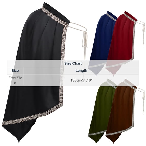 UTSJKR Men Medieval Single‑Shoulder Cape Cloak, Embroidered Trim Lace‑Up Cape for Gothic Cosplay, Renaissance Gathering and Themed Party Costume Wear Coffee